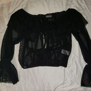 Mesh Off Shoulder Bell Sleeve Shirt